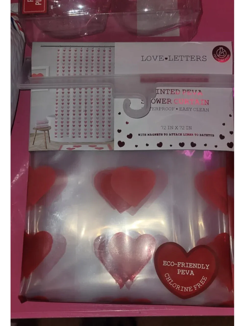 LOVE LETTERS TRANSPARENT HEART THEME PLASTIC SHOWER CURTAIN - NEW